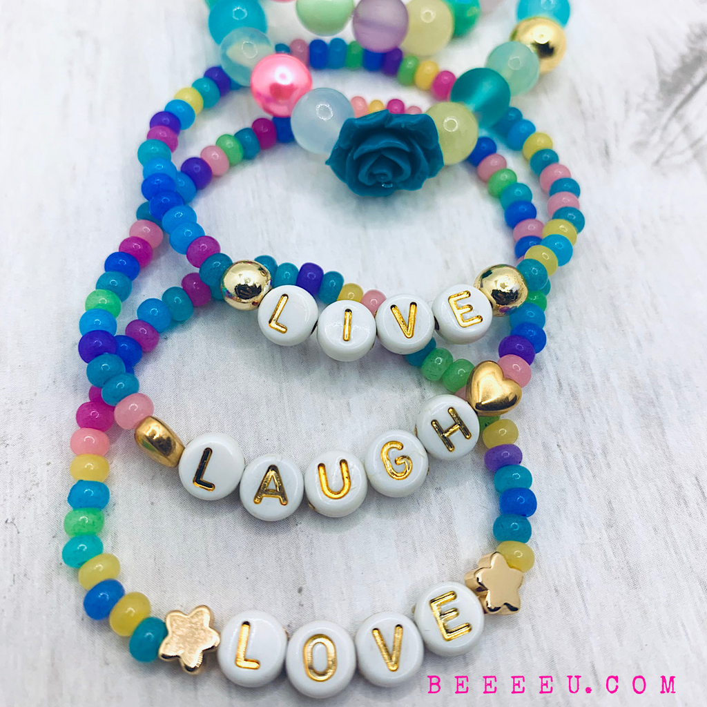 beeeeu bracelet set with blue and purple gold white letter beads live love and laugh