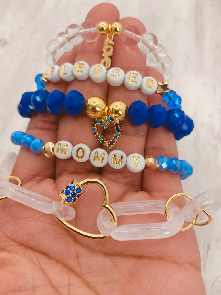 mommy blessed beeeeu heart charm love charm blue beaded bracelet set 