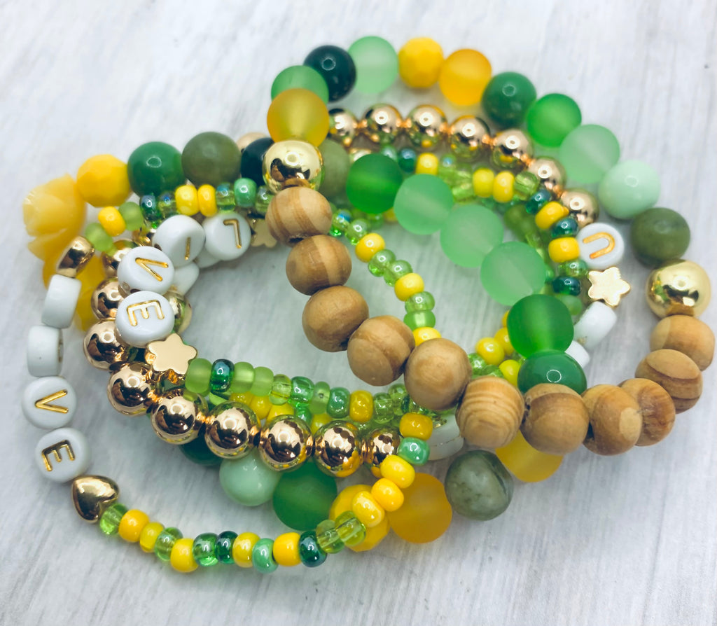 beeeeu bracelet set with yellow and green live love and laugh gold 