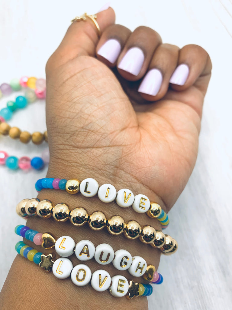 beeeeu live laugh and love blue and purple with white and gold letter beads