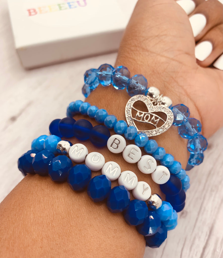 beeeeu best mommy bracelet set mothers day blue  silver