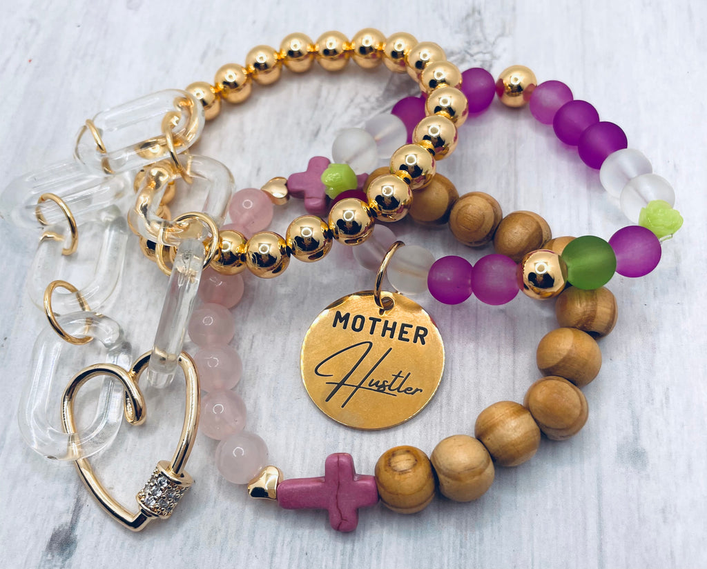 mothersday bracelet set motherhustler charm gold filled beads link chain clear beeeeu